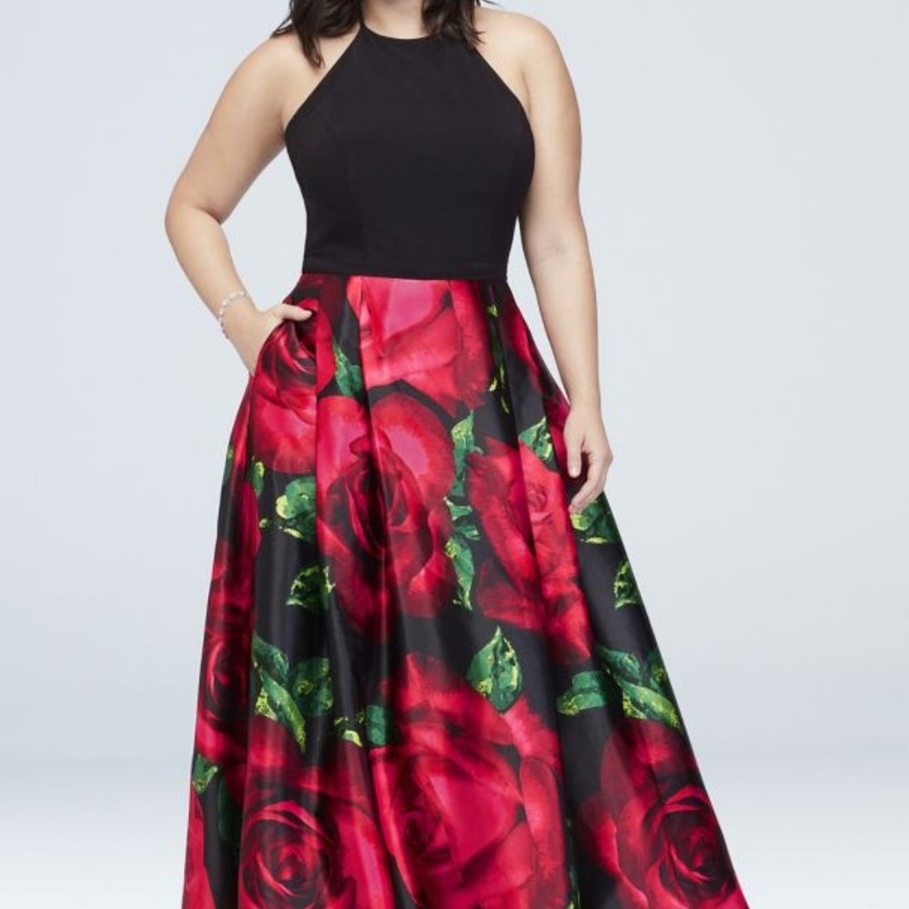 Plus Size Printed Satin Tie-Neck Halter Ball Gown
